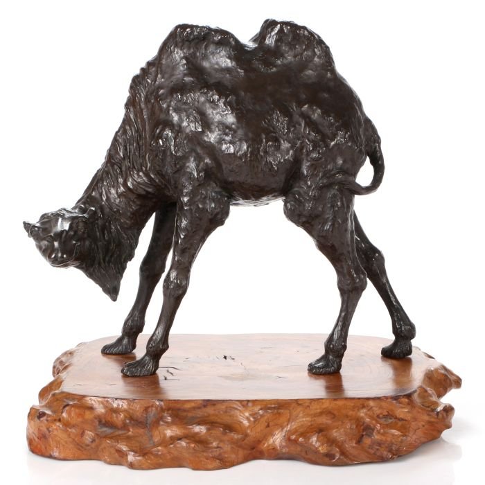 Atsuyoshi, Genryusai Workshop, (Japan, Late 19th: Atsuyoshi, Genryusai Workshop, (Japan, Late 19th Century) Camel, Bronze, Signed, with root base. Dimensions: h: 12 1/2 x w: 14 3/8 x d: 5 1/2 in.