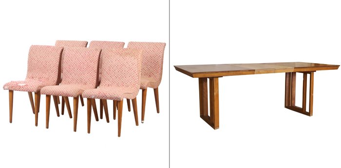 A Gilbert Rohde Table and Chairs, 20th Century.: A Gilbert Rohde Table and Chairs, 20th Century. Table dimensions without leaves: h: 29 1/2 x w: 62 1/4 x d: 40 in. Table dimensions with leaves: h: 29 1/2 x w: 85 1/4 x d: 40 in. Chair dimensions: h: