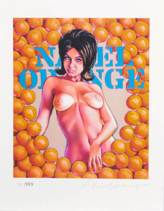 Mel Ramos (b. 1935) Miss Navel Orange, Color: Mel Ramos (b. 1935) Miss Navel Orange, Color lithograph, Signed and numbered 36/999. Hilger Editions. Sheet dimensions: h: 8 3/4 x w: 11 in. Provenance: Hilger Ernst Galerie.Acquired by the collector