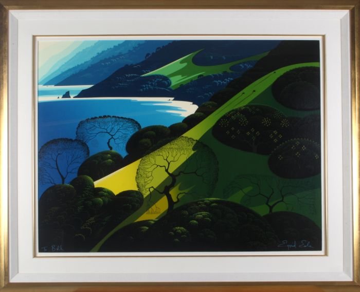Eyvind Earle (1916-2000) Above the Sea, Serigraph,: Eyvind Earle (1916-2000) Above the Sea, Serigraph, Signed lower right and dedicated "To Bill" lower left. Dimensions: h: 23 1/2 x w: 31 1/2 in.