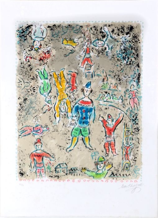 Marc Chagall (1887-1985) The Blue Clown, Color: Marc Chagall (1887-1985) The Blue Clown, Color lithograph, Signed and numbered 27/50 lower margin in pencil. Sheet dimensions: h: 33 x w: 23 3/4 in.