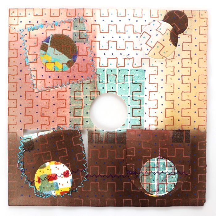 Alan Shields (American, 1944-2005) Untitled Collage,: Alan Shields (American, 1944-2005) Untitled Collage, Stitched paper and polychrome, Signed in pencil at lower edge. Dimensions: h: 8 x w: 8 in. Provenance: Nina Sundell's New Gallery. Purchased by Ann