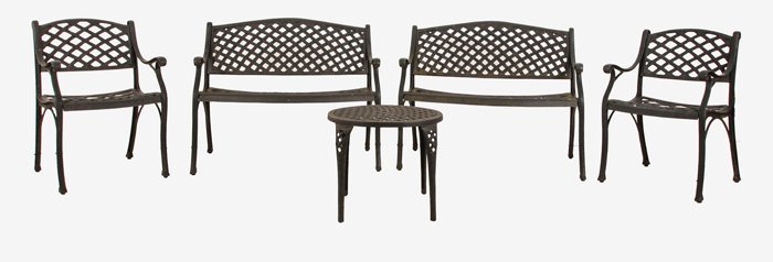 A Set of Painted Aluminum Garden Furniture, 20th: A Set of Painted Aluminum Garden Furniture, 20th Century, Comprising of two settees, two armchairs and a side table. Maker unknown. Settee dimensions: h: 33 3/4 x w: 40 x d: 21 in. Chair dimensions: h
