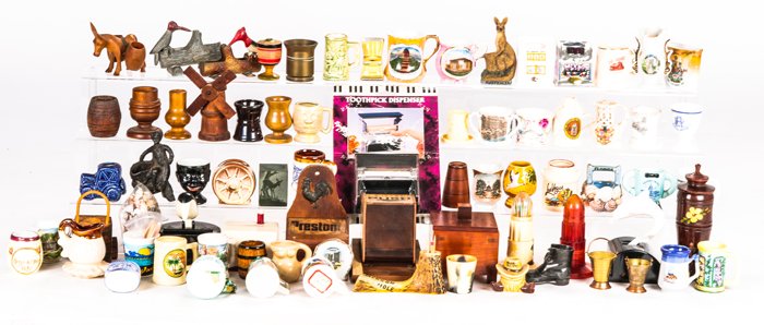 A Miscellaneous Collection of Ceramic, Wood, Metal and: A Miscellaneous Collection of Ceramic, Wood, Metal and Composite Decorative Toothpick Holders by Various Makers, 20th Century, Including several souvenir pieces.