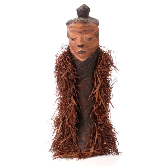 A Pende Tribe Carved and Painted Wood Mask, Democratic: A Pende Tribe Carved and Painted Wood Mask, Democratic Republic of the Congo, 20th Century, With raffia. Dimensions: h: 24 x w: 8 x d: 4 in. Provenance: Wolf's Auction Gallery, October 19, 1990. #98 P