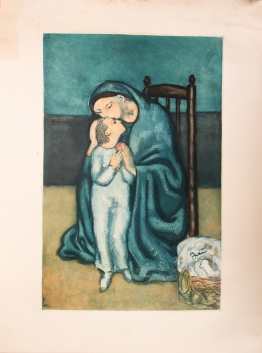 After Pablo Picasso (Spanish, 1881-1973) Maternite: Color etching with aquatint by Jacques Villon 1930 on Arches paper, from an edition of 200 (Ginestet & Pouillon, 670), unsigned. "Picasso" within matrix at left, published by the Chalcographie du Louv