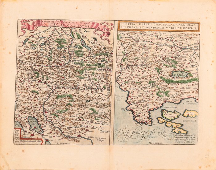 Ortelius, Abraham (1527-1598). Rhetiae Alpestris: Ortelius, Abraham (1527-1598). Rhetiae Alpestris Descriptio in que Hodie Tirolis Comitatvs, 1608, With Goritiae, Karstii, Charczeolae, Carniolae, Histriae, et Windorvm Marchae Descrip. Hand-colored on