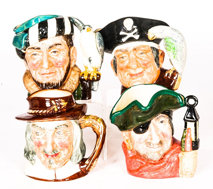 A Collection of Four Royal Doulton Porcelain Character: A Collection of Four Royal Doulton Porcelain Character Jugs, 20th Century, Comprising of Long John Silver, the Falconer, Izaak Walton and Smuggler. Largest dimensions: h: 7 1/2 x w: 6 1/2 x d: 6 1/4 i