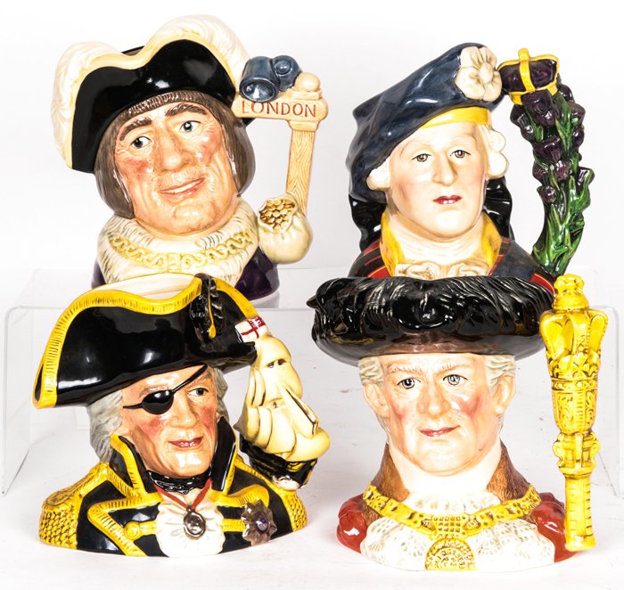 A Collection Four Royal Doulton Porcelain Character: A Collection Four Royal Doulton Porcelain Character Jugs, 20th Century, Comprising of Dick Whittington-"Lord Mayor of London", Bonnie Prince Charlie, Vice-Admiral Lord Nelson and the Lord Mayor of Lon