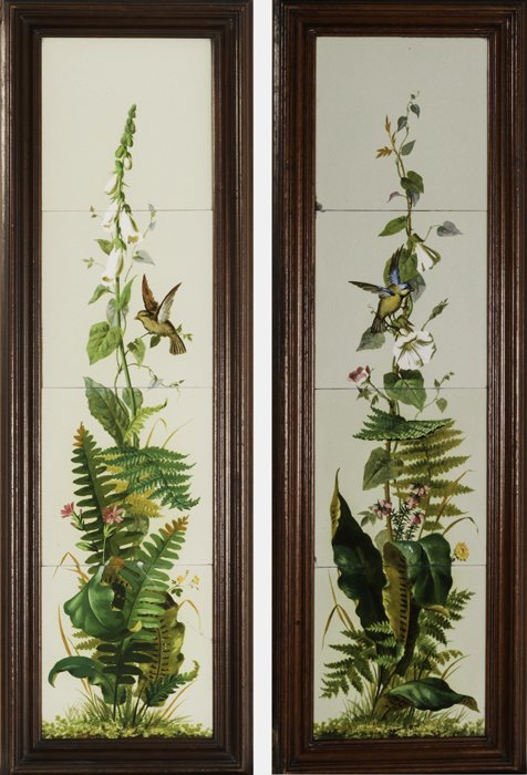 A Pair of Framed Minton Painted Tiles, 19th Century,: A Pair of Framed Minton Painted Tiles, 19th Century, Comprising of eight tiles. Dimensions: h: 32 3/8 x 8 in.