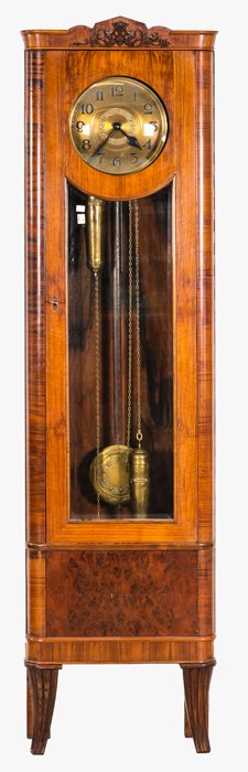 A Kieninger (Germany) Rosewood and Beveled Glass: A Kieninger (Germany) Rosewood and Beveled Glass Grandmother Clock, Early 20th Century. Dimensions: h: 77 1/2 x w: 21 x d: 11 in.