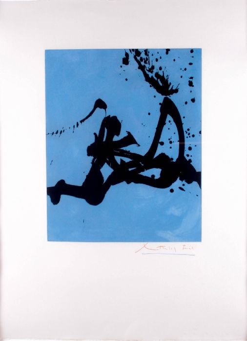 Robert Motherwell (American, 1915-1991) Gesture III,: Robert Motherwell (American, 1915-1991) Gesture III, 1967-77, Colored etching and aquatint on J.B. Green, Signed on sheet in color pencil lower right and numbered Bat (bon a tirer). Impression stamped
