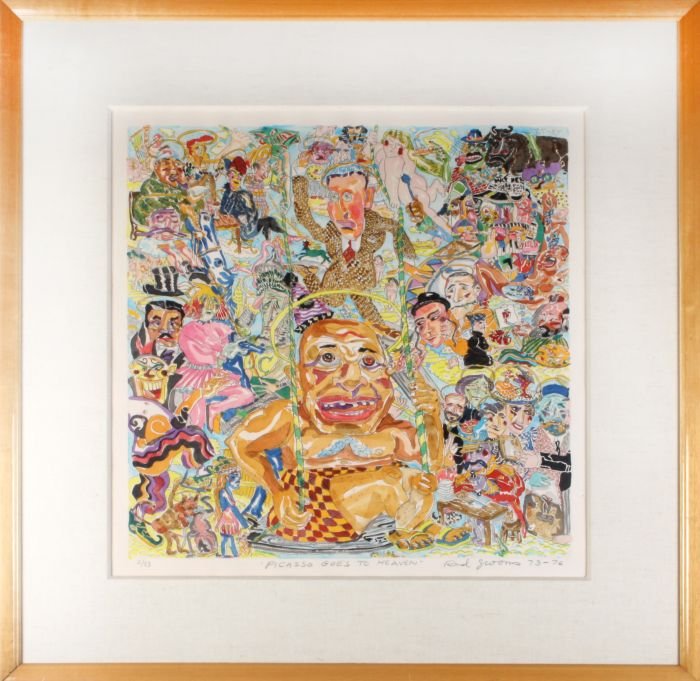 Red Grooms (b. 1937) Picasso Goes to Heaven, Color: Red Grooms (b. 1937) Picasso Goes to Heaven, Color lithograph, Titled, signed, dated 73-76 and numbered 2/53 lower margin. Dimensions: h: 24 x w: 25 1/2 in. Provenance: From the Collection of Stanley 