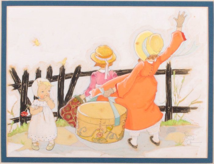 Fern Bisel Peat (1893-1971) Girls at Fence, Gouache on (1 of 5)