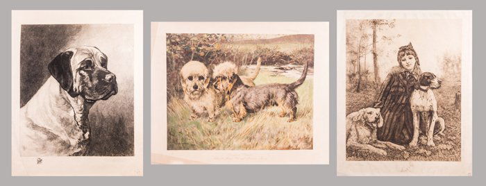 John Martin Tracy (American, 1844-1893) Woman with Two: John Martin Tracy (American, 1844-1893) Woman with Two Dogs Etching Signed lower left. Published 1888. Unframed. Together with an etching by H. Faber (19th/20th Century) titled Bullmastiff, signed low