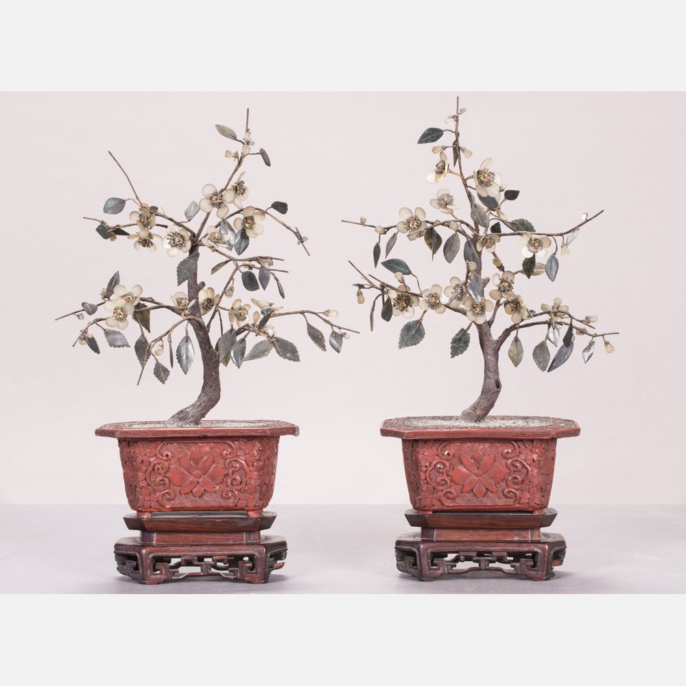 A Pair of Chinese Jade and Cinnabar Trees, 20th (1 of 10)