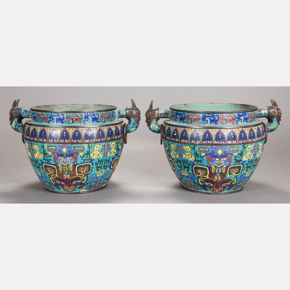 A Pair of Chinese Cloisonné Fish Bowls, 20th Century. (1 of 4)