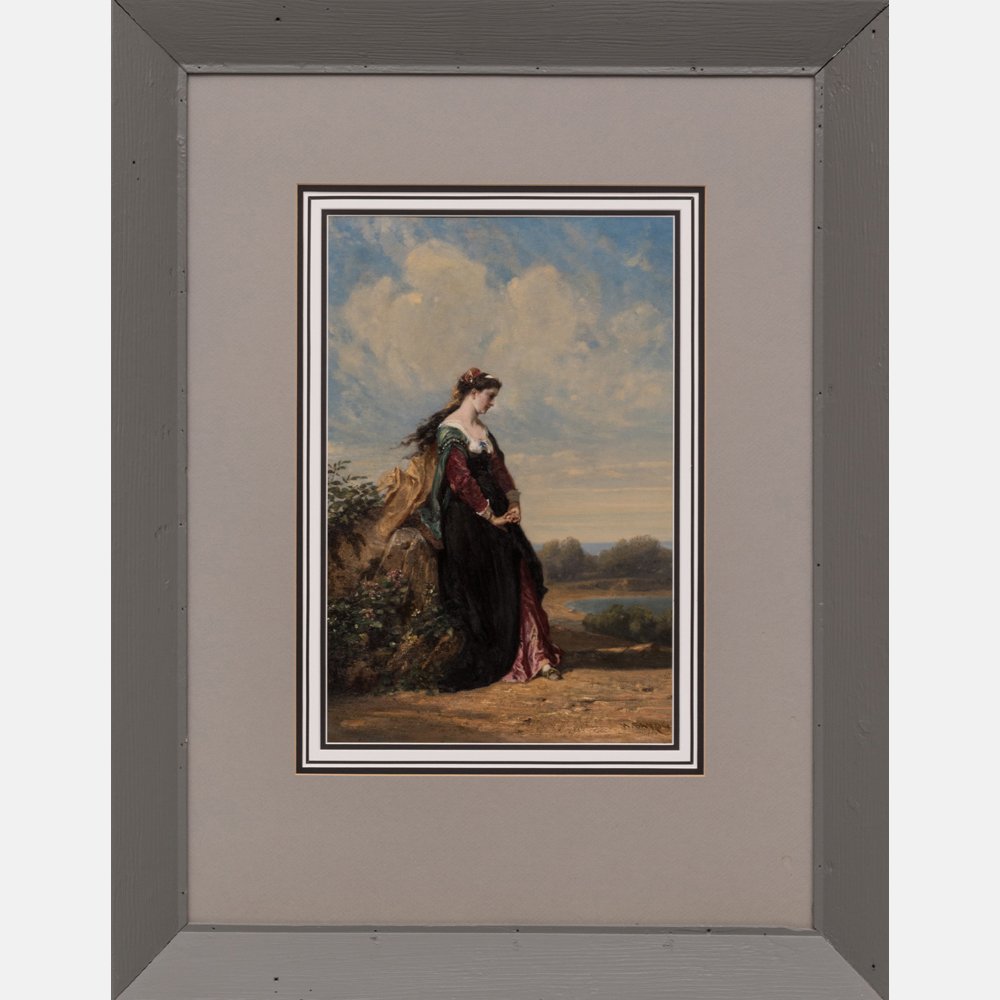 Henri Charles Antoine Baron (1816-1885) Lady in a: Henri Charles Antoine Baron (1816-1885) Lady in a Landscape, Oil on board, Signed lower right. H: 19 W: 12 1/2 in.