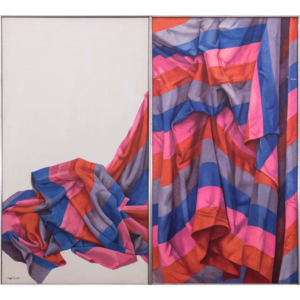 Hazel Janicki Schock (1918-1976) Triptych: Heaped,: Hazel Janicki Schock (1918-1976) Triptych: Heaped, Stretched, and Hanging, Tempera and acrylic on masonite, Signed lower left on panel one. H: 48 3/4 W: 27 in. Exhibited in the 1973 May Show. Donated 