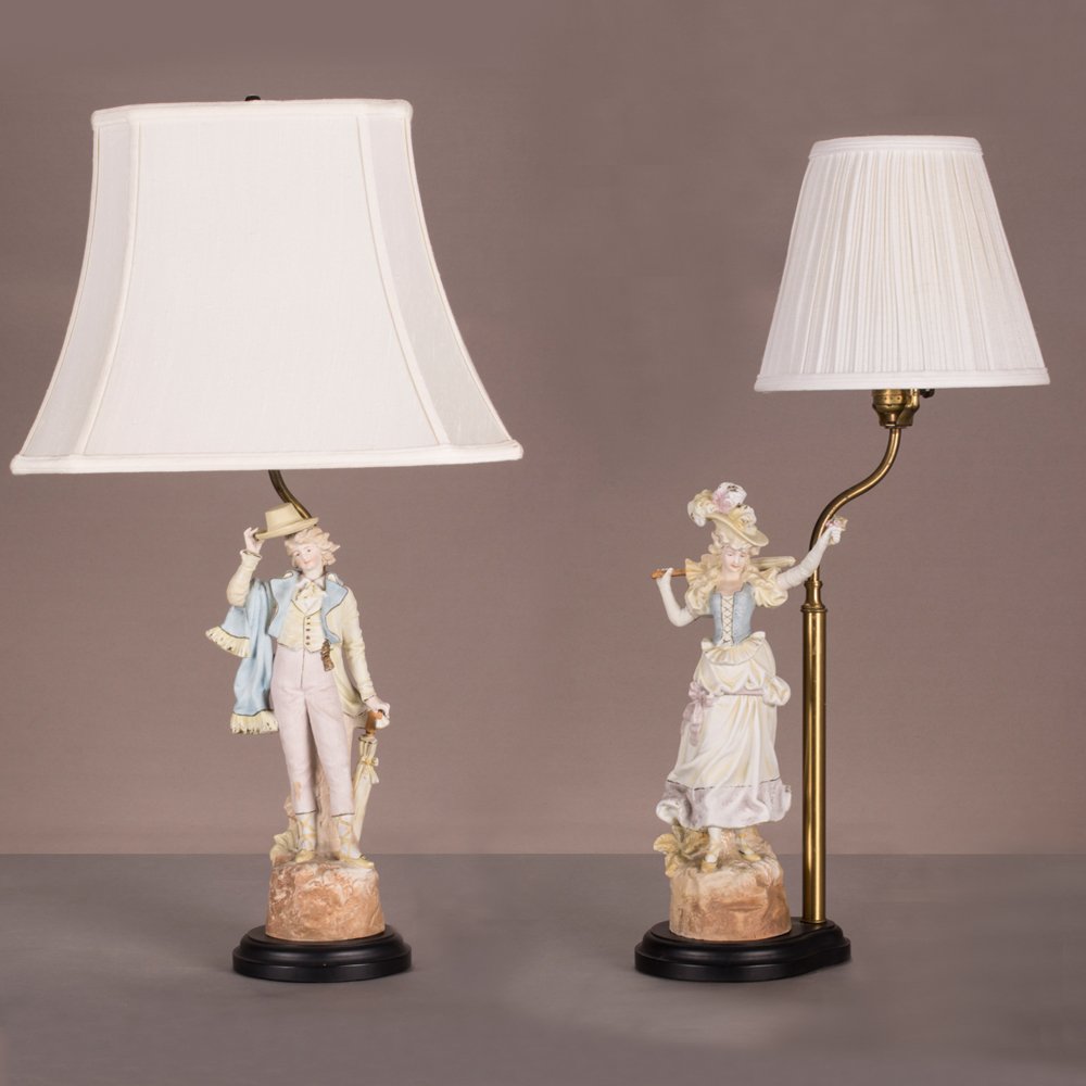 A Pair of Bisque Porcelain Figural Table Lamps, 20th (1 of 9)