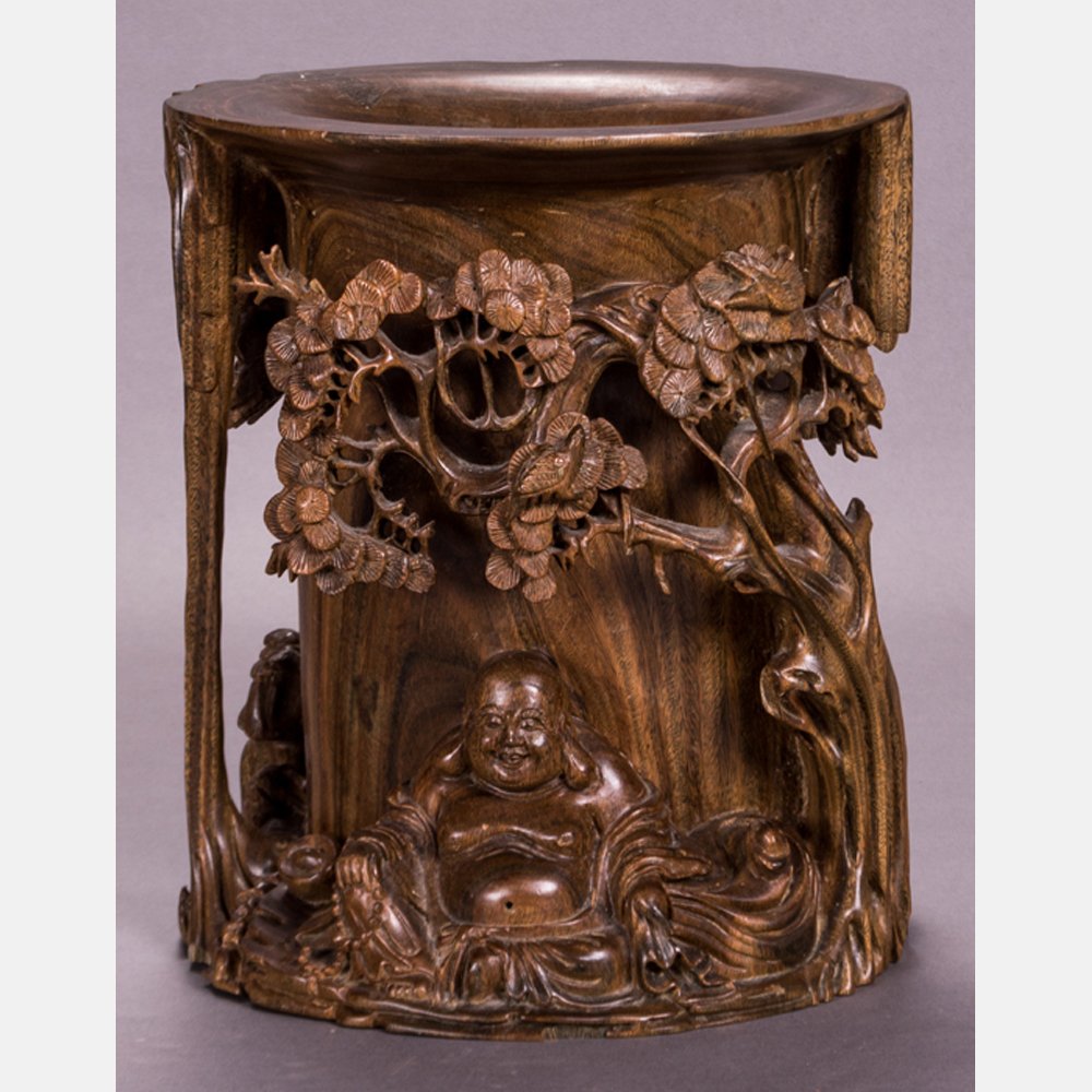 A Chinese Carved Elm Brush Pot, 20th Century.: A Chinese Carved Elm Brush Pot, 20th Century. H: 9 1/2 D: 8 1/2 in.