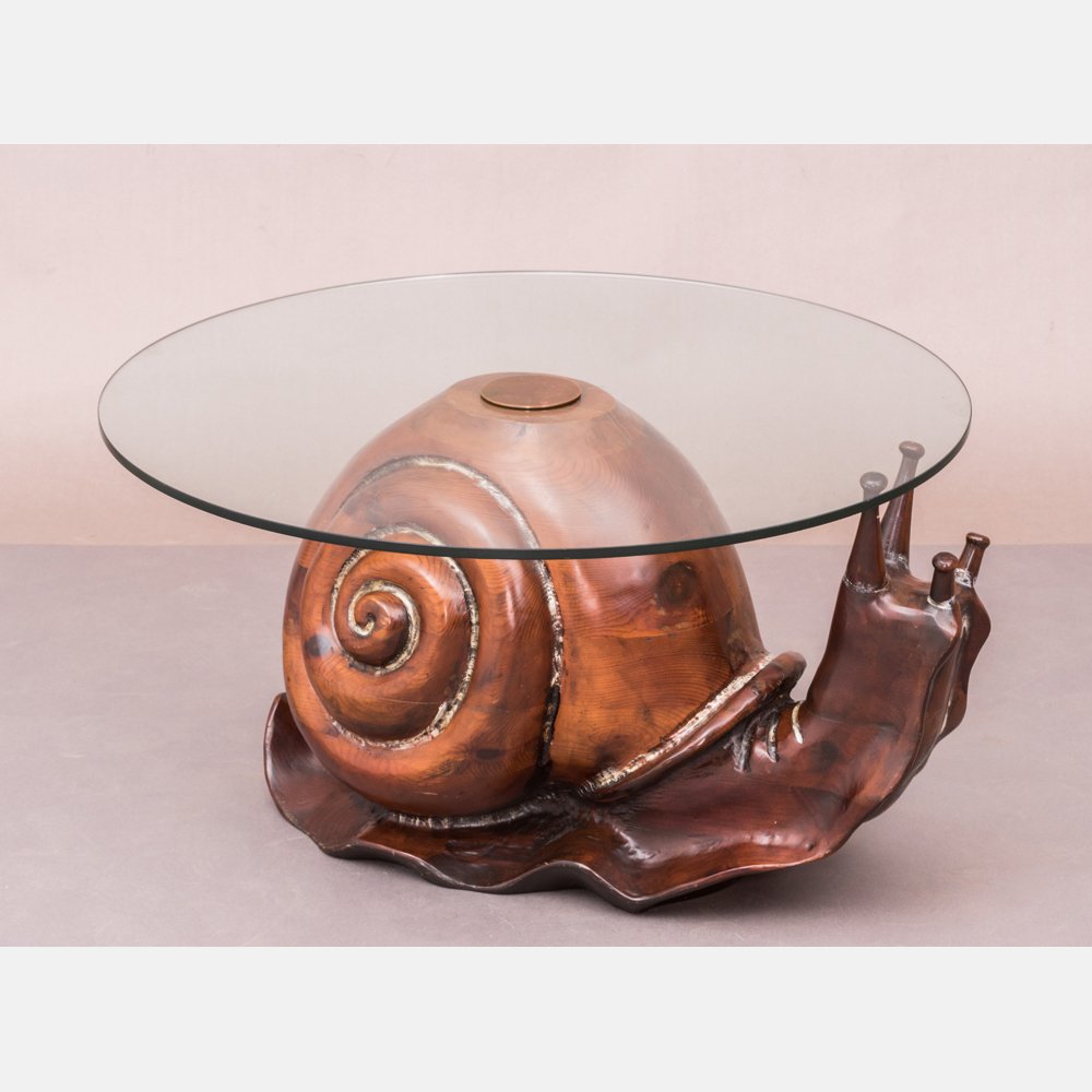 A Federico Armijo Carved Pine Snail Form Table with (1 of 4)