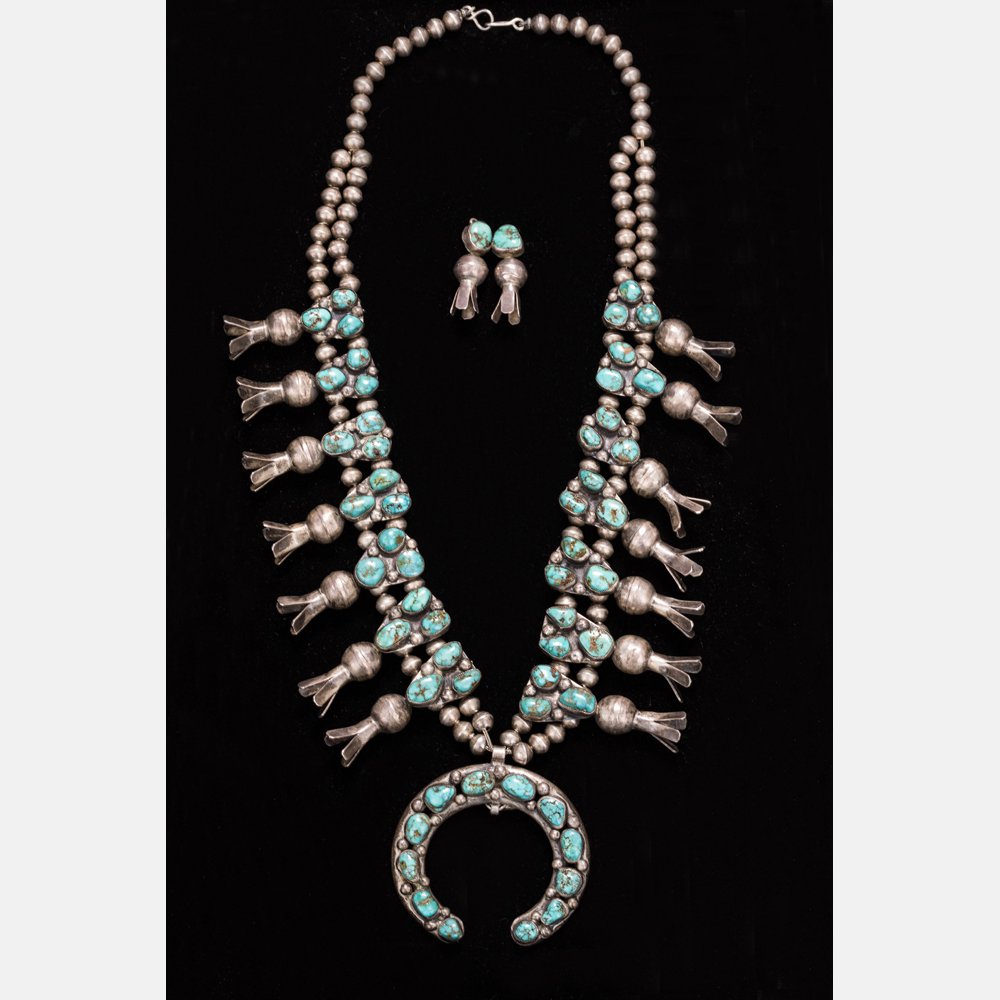 A Navajo Squash Blossom Silver and Turquoise Necklace (1 of 4)