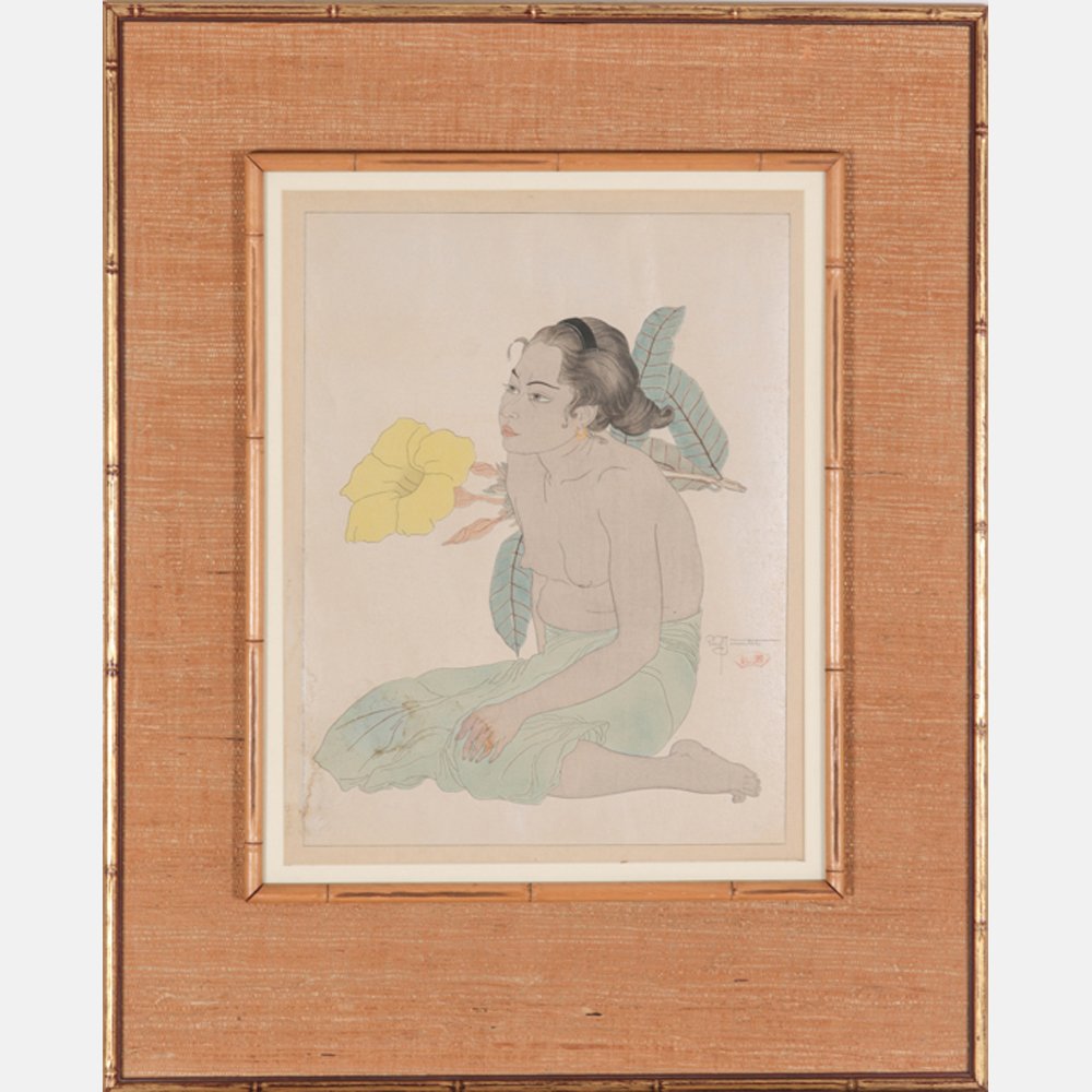 Paul Jacoulet (1902-1960) Jeune Fille de Saipan et: Paul Jacoulet (1902-1960) Jeune Fille de Saipan et Fleurs D'Hibiscus Marianes, 1934, Woodcut in colors, Signed right edge with artist seal. Dedicated on verso, ca. 1935. Framed dimensions: h: 26 3/4 x