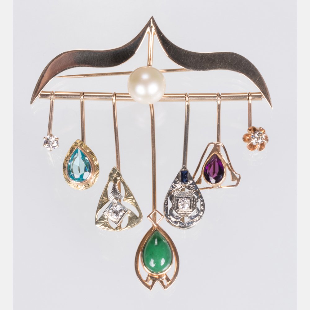 A 14kt. Yellow Gold, Sapphire, Diamond, Jade, Pearl, (1 of 6)