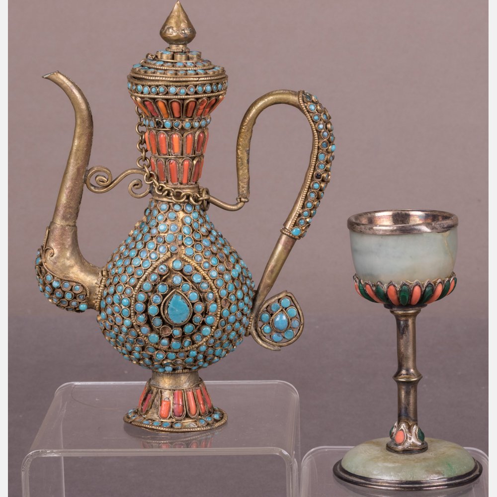 A Silver, Jade, Turquoise and Coral, Stemmed Goblet (1 of 3)