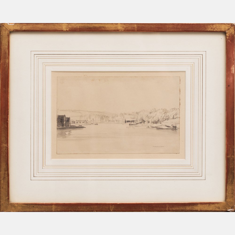 David Muirhead Bone (1876-1953) On the River, Falmouth,: David Muirhead Bone (1876-1953) On the River, Falmouth, England, Ink and pencil on paper, laid on board, Signed lower right. Framed dimensions: h: 10 3/4 x w: 13 1/4 in. H: 4 3/8 W: 6 7/8 in.