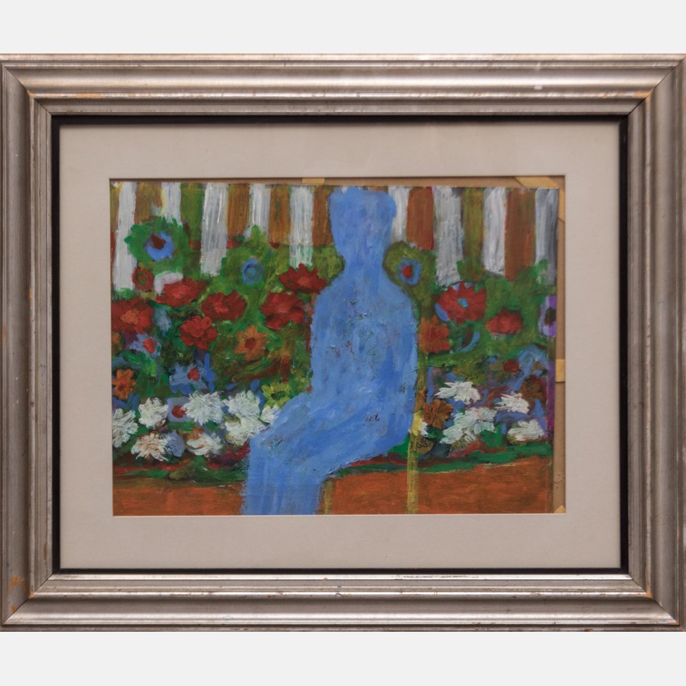William Schock (1913-1976) Blue Man with Flowers,: William Schock (1913-1976) Blue Man with Flowers, Acrylic on paper, Signed lower right. Framed dimensions: h: 20 x w: 23 5/8 in. H: 11 W: 13 in.