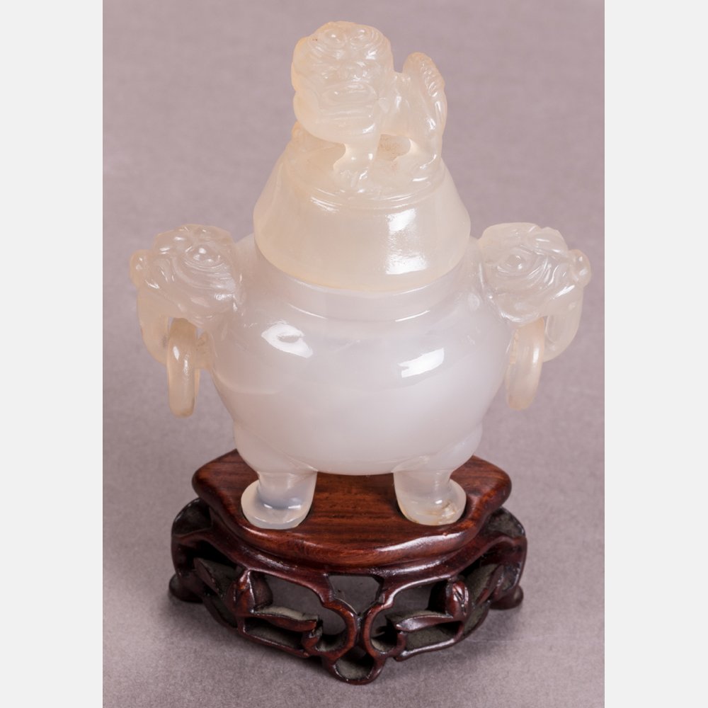 A Chinese Carved Agate Tripod Koro and Cover on a (1 of 8)