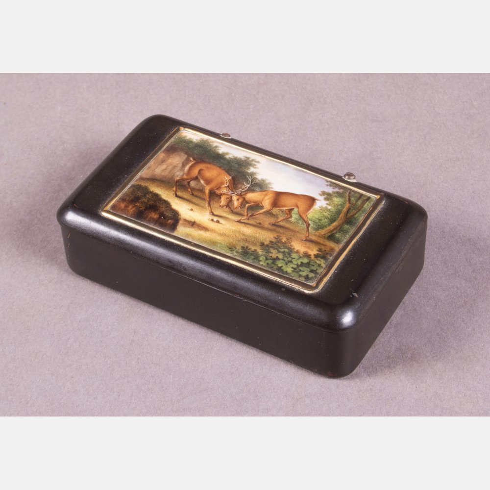 A Diminutive Lacquered Papier Mâché Box with Painted: A Diminutive Lacquered Papier Mâché Box with Painted Porcelain Plaque, 19th Century. H: 1 1/8 W: 4 1/8 D: 2 3/8 in.