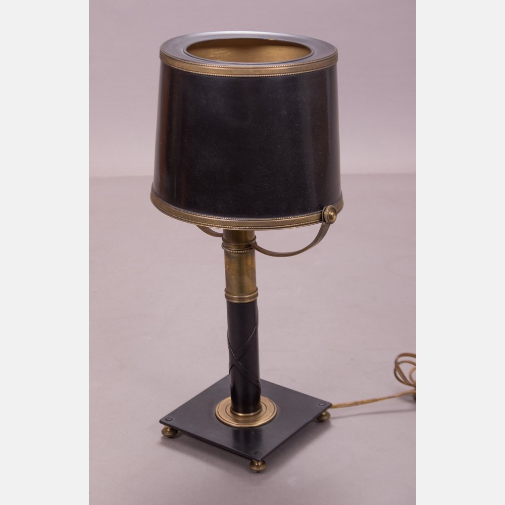 A Diminutive Lamp with Black Tole Painted Shade, 20th: A Diminutive Lamp with Black Tole Painted Shade, 20th Century. H: 16 5/8 D: 7 in.