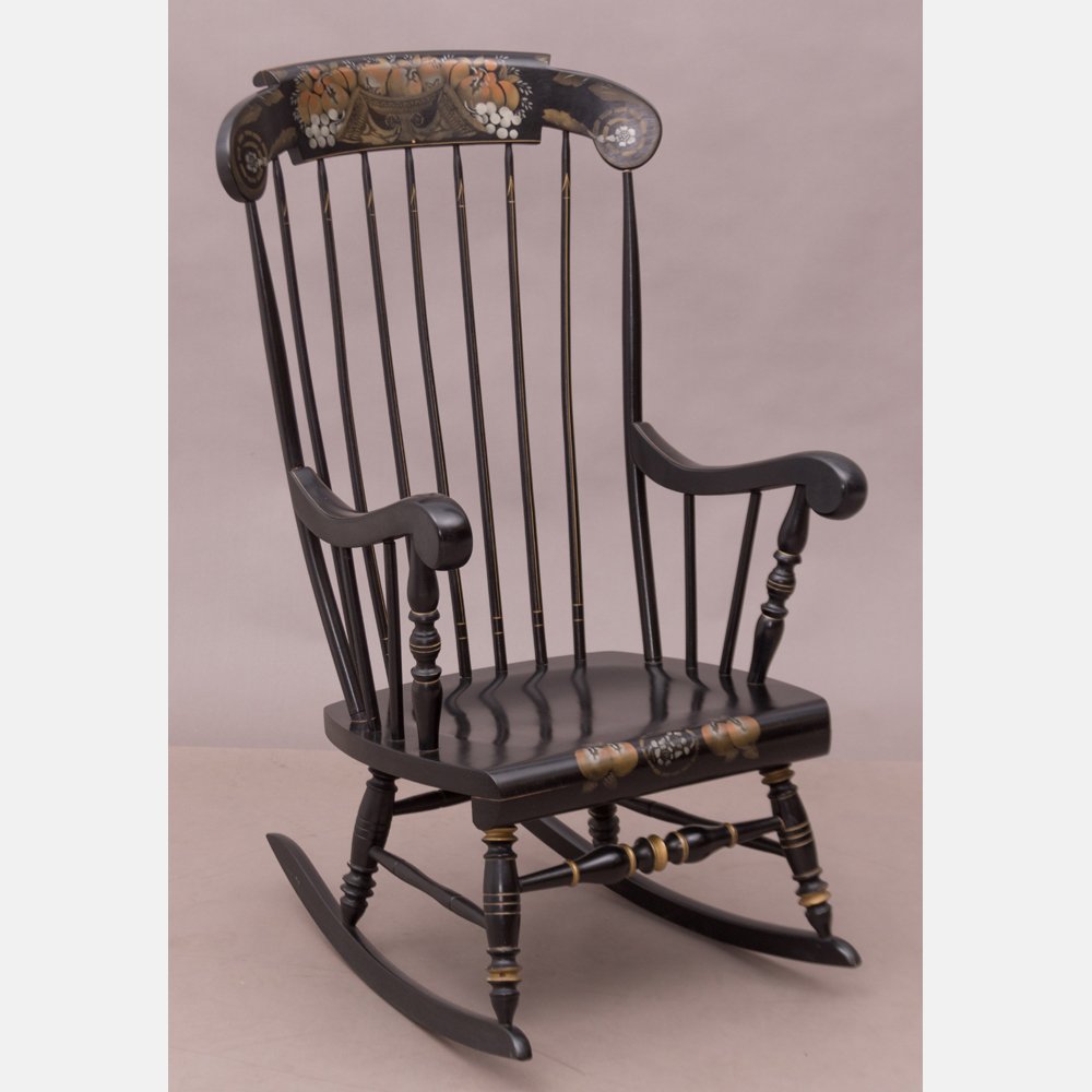 A Hitchcock Style Stencil Painted Rocking Chair by: A Hitchcock Style Stencil Painted Rocking Chair by Ethan Allen, 20th Century, The 'Salem Rocker'. H: 42 W: 23 D: 24 in.