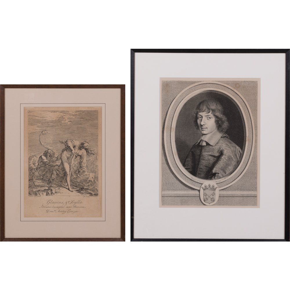 An Engraving After Salvator Rosa's 'Glaucus & Scylla': An Engraving After Salvator Rosa's 'Glaucus & Scylla' by Joseph Goupy (1686-1763), Together with a second engraving by Robert Nanteuil (1623-1678) depicting Francois de Clermont-Tonnerre. Largest fram