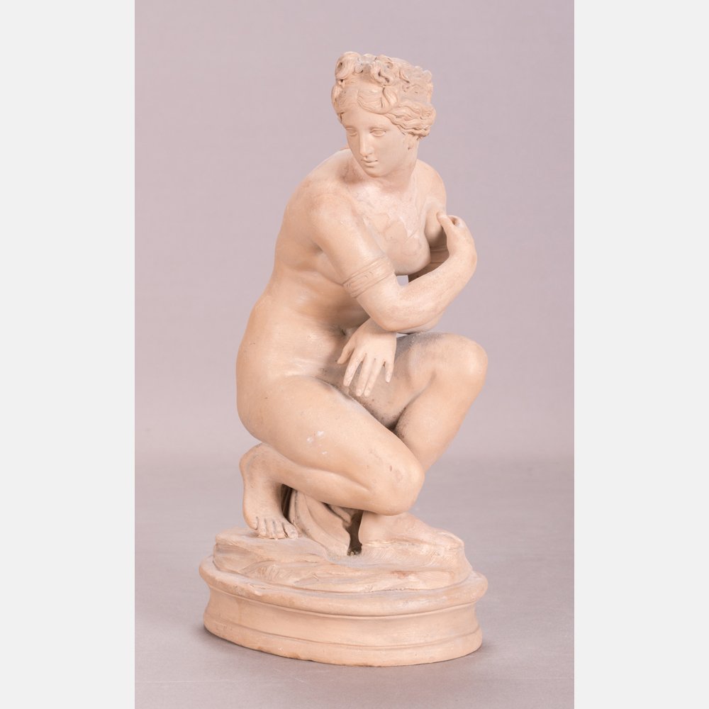 A French Terracotta Figure of a Bathing Venus, 19th: A French Terracotta Figure of a Bathing Venus, 19th Century. H: 10 1/2 W: 6 D: 4 1/4 in.