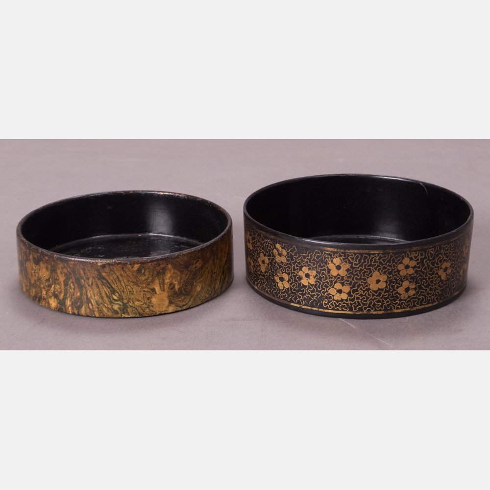 A Pair of Lacquered Papier-Mache Wine Coasters, 19th: A Pair of Lacquered Papier-Mache Wine Coasters, 19th Century. D: 5 in.