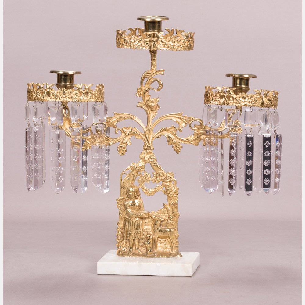A Gilt Brass and Crystal Three Arm Candelabra, 20th (1 of 7)