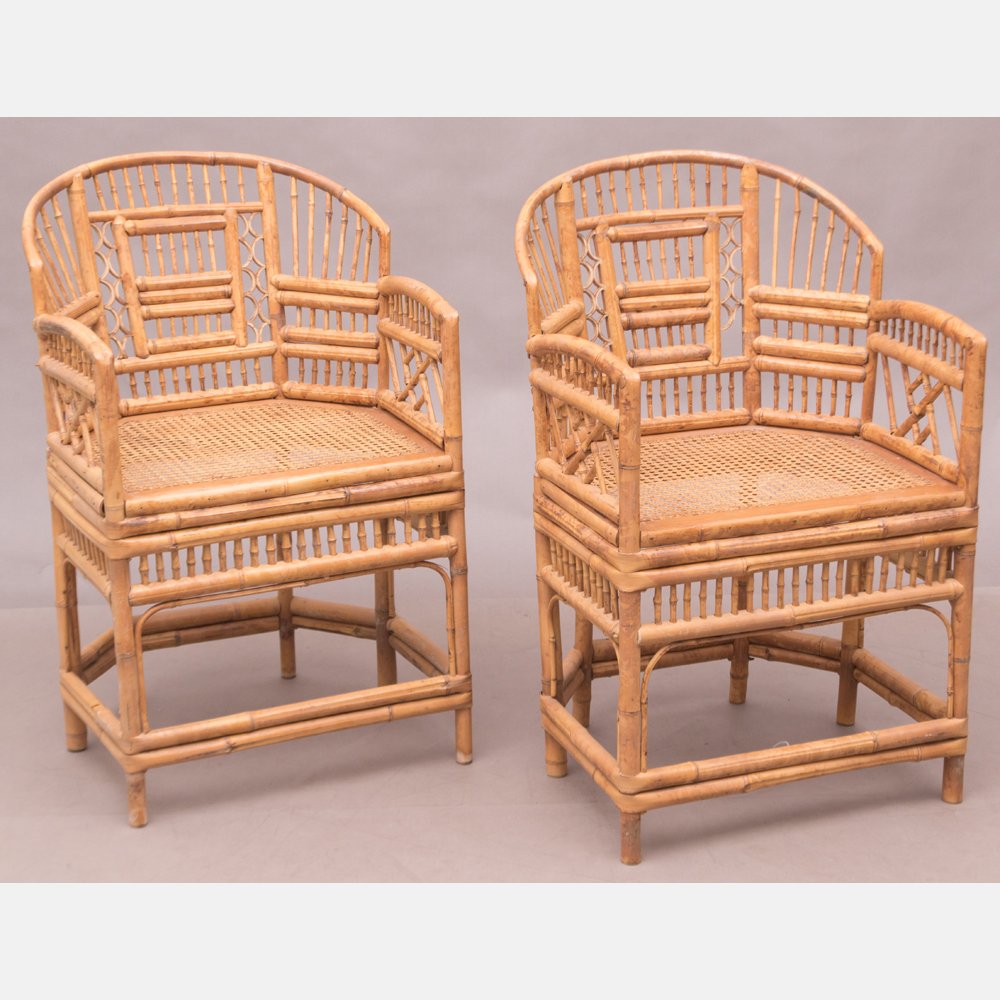 A Pair of Bamboo Armchairs with Caned Seats, 20th (1 of 2)