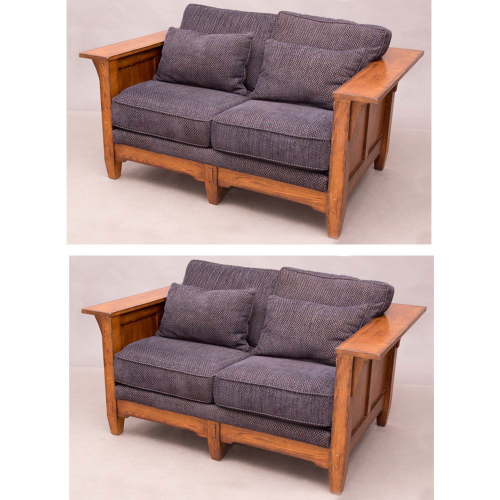 A Pair of Arts and Crafts Style Mahogany Settees, 20th: A Pair of Arts and Crafts Style Mahogany Settees, 20th Century. H: 37 W: 65 1/2 D: 44 in.