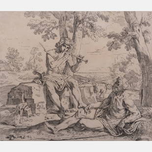 Simone Cantarini (1612-1648) Mercury and Argus, Etching: Simone Cantarini (1612-1648) Mercury and Argus, Etching on laid paper, Unsigned. (Bartsch 31; Bellini 37), later state. Framed dimensions: h: 17 1/4 x w: 18 1/2 in. H: 101/4 W: 11 7/8 in.