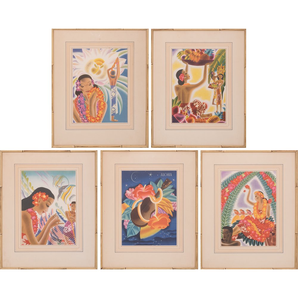 A Group of Five Framed Hawaiian Menu Covers by Frank: A Group of Five Framed Hawaiian Menu Covers by Frank MacIntosh, c. 1930s-1940s, From the S.S. Lurline, Matson Cruise Line. Framed dimensions: h: 17 1/8 x w: 14 3/8 in. H: 10 7/8 W: 8 in.