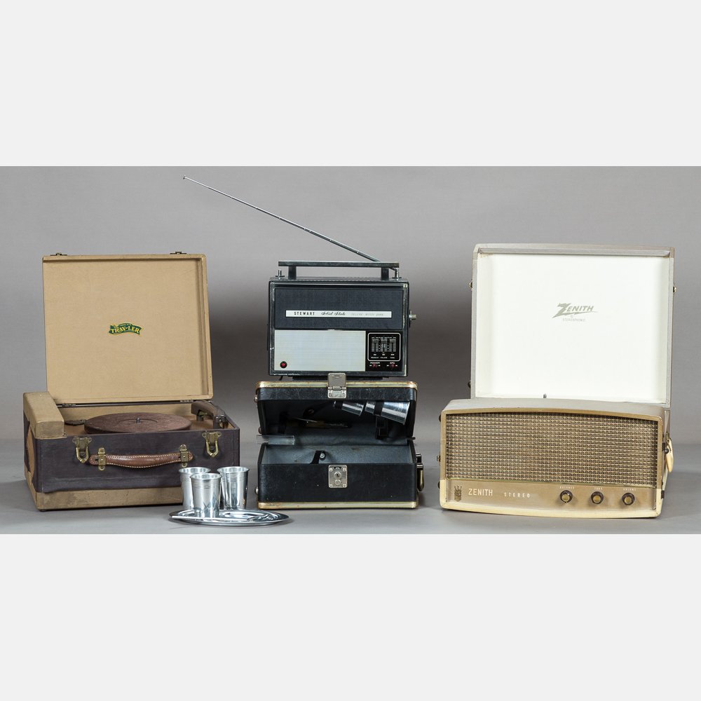 A Collection of Vintage Portable Record Players and: A Collection of Vintage Portable Record Players and Radio, 20th Century, Together with a portable bar. Largest dimensions: h: 17 3/4 x w: 18 3/4 x d: 8 3/4 in.