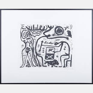 A.R. Penck (German, b. 1939) Untitled, 1985, Etching,: A.R. Penck (German, b. 1939)Untitled, 1985,Etching, 1st State,Signed lower right and numbered 23/24.Framed dimensions: h: 30 x w: 37 in.H: 25 W: 30 in.Mary Ryan Gallery, NY.