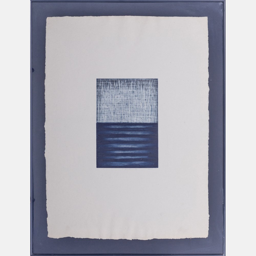 David Shapiro (American, b. 1944) KALA 7, 1991,: David Shapiro (American, b. 1944) KALA 7, 1991, Spit-bite, etching, drypoint and carborundum on hand-made blue Indian paper, Signed lower left and titled lower right in pencil. The Print Club of Cleve