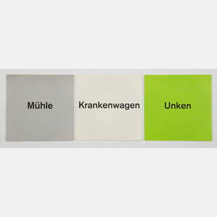 Katharina Fritsch (b. 1956) Muhle/Krankenwagen/Unken,: Katharina Fritsch (b. 1956) Muhle/Krankenwagen/Unken, Three (45 rpm) vinyl records, Unsigned. Edition of 2000 unnumbered copies. Paper sleeve: h: 7 1/8 x w: 7 1/8 in. D: 7 in. From the collection of B