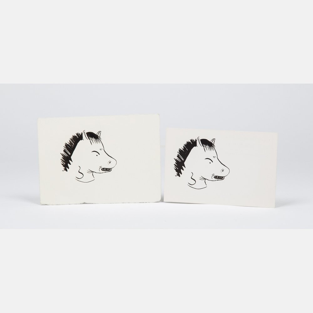 Ellen Berkenblit (b. 1958) Horsehead, Ink on paper,: Ellen Berkenblit (b. 1958) Horsehead, Ink on paper, Signed and dated 1982 on verso. Together with a postcard from Semaphore Gallery, 1982. H: 4 3/4 W: 6 1/2 in. From the collection of Bill Radawec (19