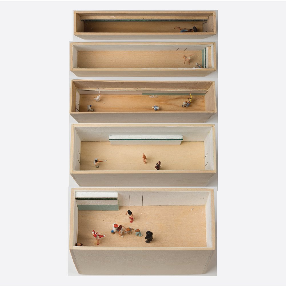 William Radawec (1952-2011) Five Dioramas from 'A: William Radawec (1952-2011) Five Dioramas from 'A Study' Series, Wood, acrylic and HO figures. Including titles: 'Shoot, 2005,' initialed and dated on bottom; 'House Painter, 2009,' initialed and date